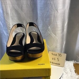 Fendi Black Suede Open-Toe Platform Slingbacks with Gold-Tone Wood Effect Heel